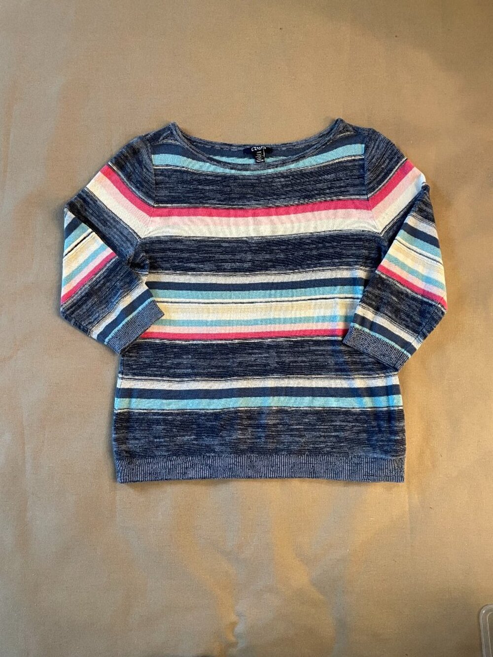 Chaps Sweater Women's Sz Lg Linen Cotton Stripes Boatneck 3/4 Sleeve Coastal